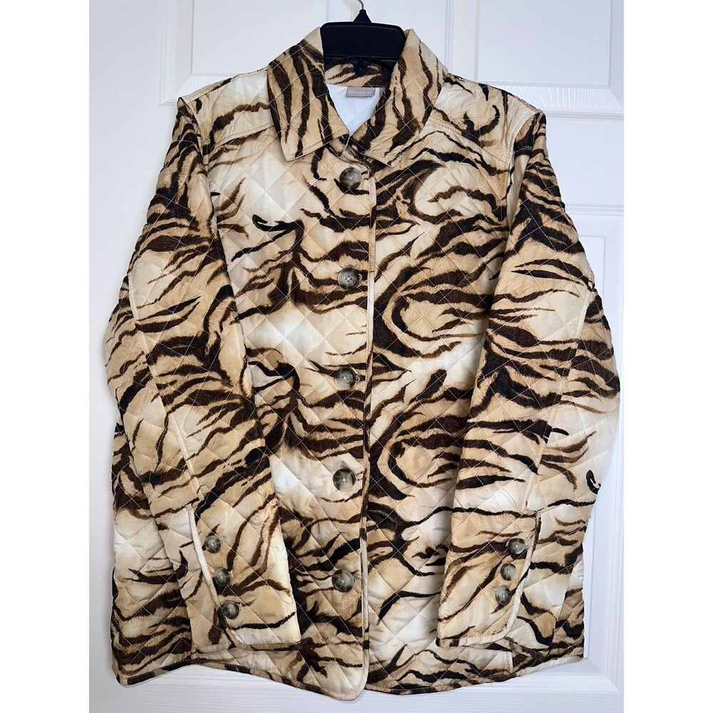 Chico's Quilted Jacket Coat Gold Brown Tiger Print Size 2 (12-14)